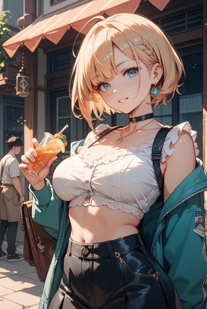 (masterpiece, best quality), best quality, best resolution, (ultra-detailed), (3heads:1.5), 1girl, (kicchou yachie:1.3), masterpiece, best quality, ultra quality, ultra resolution, ultra detail, blue top, crop top, ((stomach)), midriff, ((groin)), blue skirt, normal ears, shackles, blonde hair, very long hair, wavy hair, sidelocks, red eyes, parted lips, single horn, sweat, cute, toned belly, hand on own chest, eyelashes, (24 year old woman:1.3), (masterpiece:1.5), (best quality:1.5), (beautiful detailed), extremely detailed CG, extremely delicate and beautiful, depth of field, (finely detailed face), (perfect details:1.2), (mature female:1.3), wide pelvis, slender, large veiny breast, 16k resolution, highres, very high quality, very high definition, extremely detailed, masterpiece, best quality, blonde hair, long hair, alluring presence, braid, short skirt, close up, big tits, young, dragon girl, dragon horns, dragon tail, tail,