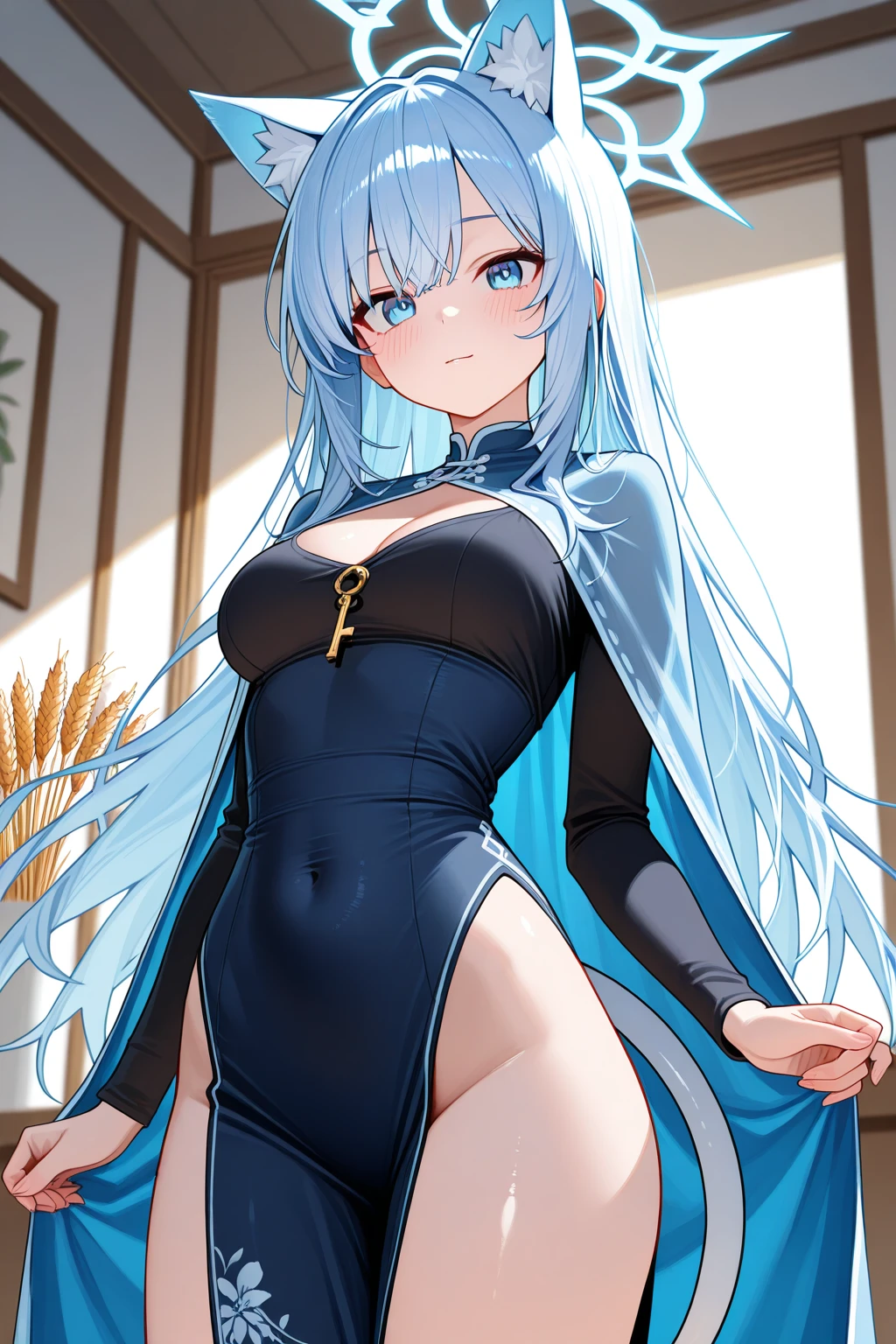 Character Details:, - Gender: 1 Girl.
- Style: Anime, - Body Type: Attractive body, slim body, nice legs, slim tights, nice arms, nice shoulders. - Breast: ((Small Breast:1,1)), Cleavage, (Nipple).
- Facial Features: Beautiful, Gorgeous, Teenager, Fresh, Young.
- Expression: Smile, Horny, Pink Blush on Face, Sexy Eyes, Sexy Look, (Sweating:1.4), Innocent Look, Tipsy. - Hairstyle: Blunt Bangs, Long Hair. - Hair Color: Light Blue Hair, Ribbon, Braided.
- Clothing: (Chinese Dress:1.5), (Off Shoulder:1.3). - Body Pose: (Kneel), - Behaviour: Waiting, Want Something, Secretly.
- Accessories: Earrings, Environmental Details:, - Setting: Bed Room., - Lighting: Natural Light, - Decoration: Modern Bed, Pillow, Blanket, Cloth, Table, Chair, Window, White Curtain, City View. Top view. pov, anime style, UHD, retina, masterpiece, accurate, anatomically correct, textured