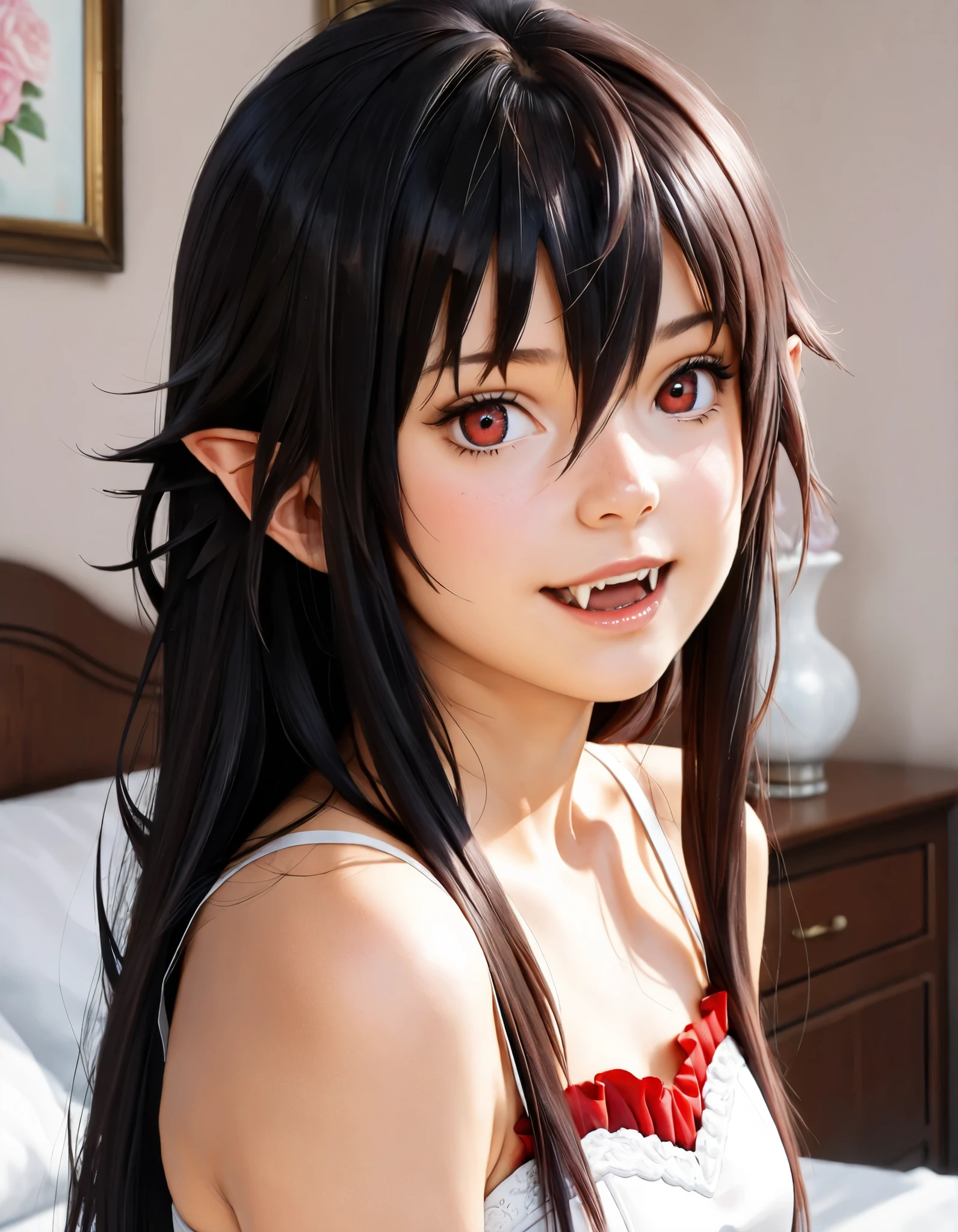(masterpiece, best quality:1.2),accurate, drop shadow, tachi-e, , 8k, super detail, best quality, UHD, anatomically correct, 4K, highres, score_9, score_8_up, score_7_up, score_6_up, score_5_up, score_4_up, solo,1girl, , realistic , ultra realistic, thin, Lo-li, vampire girl, red eyes, dark hair,  Irina Luminesk, , innocent, very young, petit, ,wild, female, young,  , adorable , in bed, very cute ,anime style, wedding dress, fangs, accurate, Surrealism, 
side view,