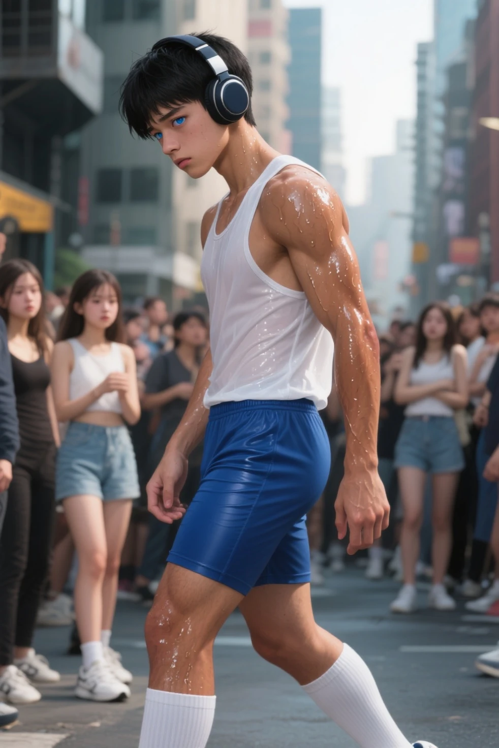 asian male model walk on the street, with crowd, wet shirtless body, full body, cinematic film look, vogue magazine cover concept, center of attention