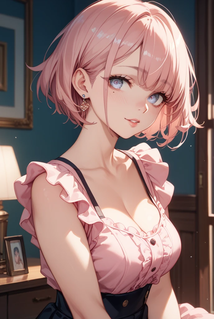 (Masterpiece, BestQuality:1.3), (ultra detailed:1.2), (hyperrealistic:1.3), (RAW photo:1.2), High detail RAW color photo, professional photograph, (Photorealistic:1.4), (realistic:1.4), (Pink Hair:1.5), professional lighting, perfect anatomy, (Big Breasts:1.2), (blush, detailed face), (cheerful Smile:1.5), Trending Hair&Trending Hairカラーをランダムに, earrings, necklace, bracelet, sexly, erotic sexly, Random sexy gravure poses, (In the hotel lounge、A beautiful woman wearing a pink silk camisole sits on a sofa and smiles。The background is a luxurious lounge、Accessory: silver necklace。:1.3)