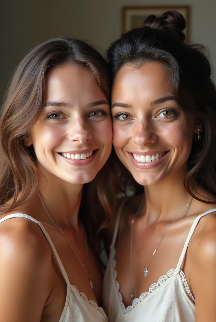 Give me an female lesbian model of 2 with a simple white black in a natural background. The model is looking front to the camera and smiling. Make so that I see all the model from the waist up
