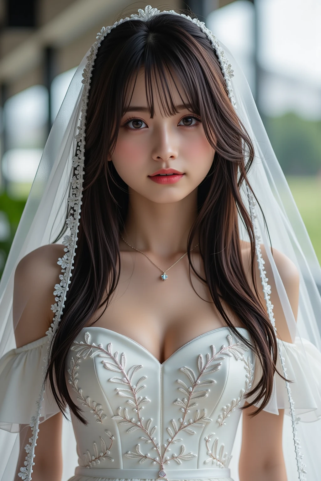 fantasy、long hair、dark blonde、cute woman、white skin、white skin、Transparency、Garden Wedding、Rose、Wedding dress、all lace dress、veil、tiara、thin eyebrows、Rounded face、happiness、bouquet、big breasts、don't blush、the light is soft、look forward naturally