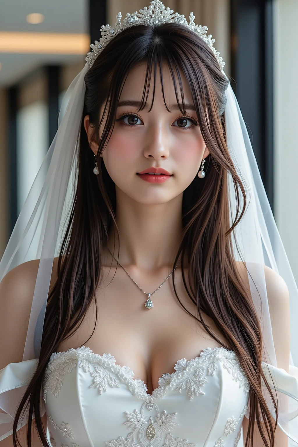 ((addielyn))、Random posture、(extremely delicate and beautiful work)、(masterpiece)、One girl、Highly Detailed Elegant Wedding Dresses、tiarra、A highly detailed、Warped ponytail、a smile、Beautiful and clear eyes、Green pupil、delicate necklaces、Delicate earrings、Simple blurry background、Description of extreme details、Beautiful fece、A charming、Ultra-fine painting、delicated face、Delicate figure、large full breasts、thin clavicle、Beautiful lips、mix4、(8K、Raw photography、top-quality、masterpiece:1.2), (reallistic, Photorealsitic:1.37),1girl in,Cute,Cityscape, natta, Sateen, Wetty, Professional Lighting, Photon mapping, Radio City, physically-based renderingt, full bodyesbian、The most beautiful in the world、乃木坂アイドル、韓国アイドル、hposing Gravure Idol、女優