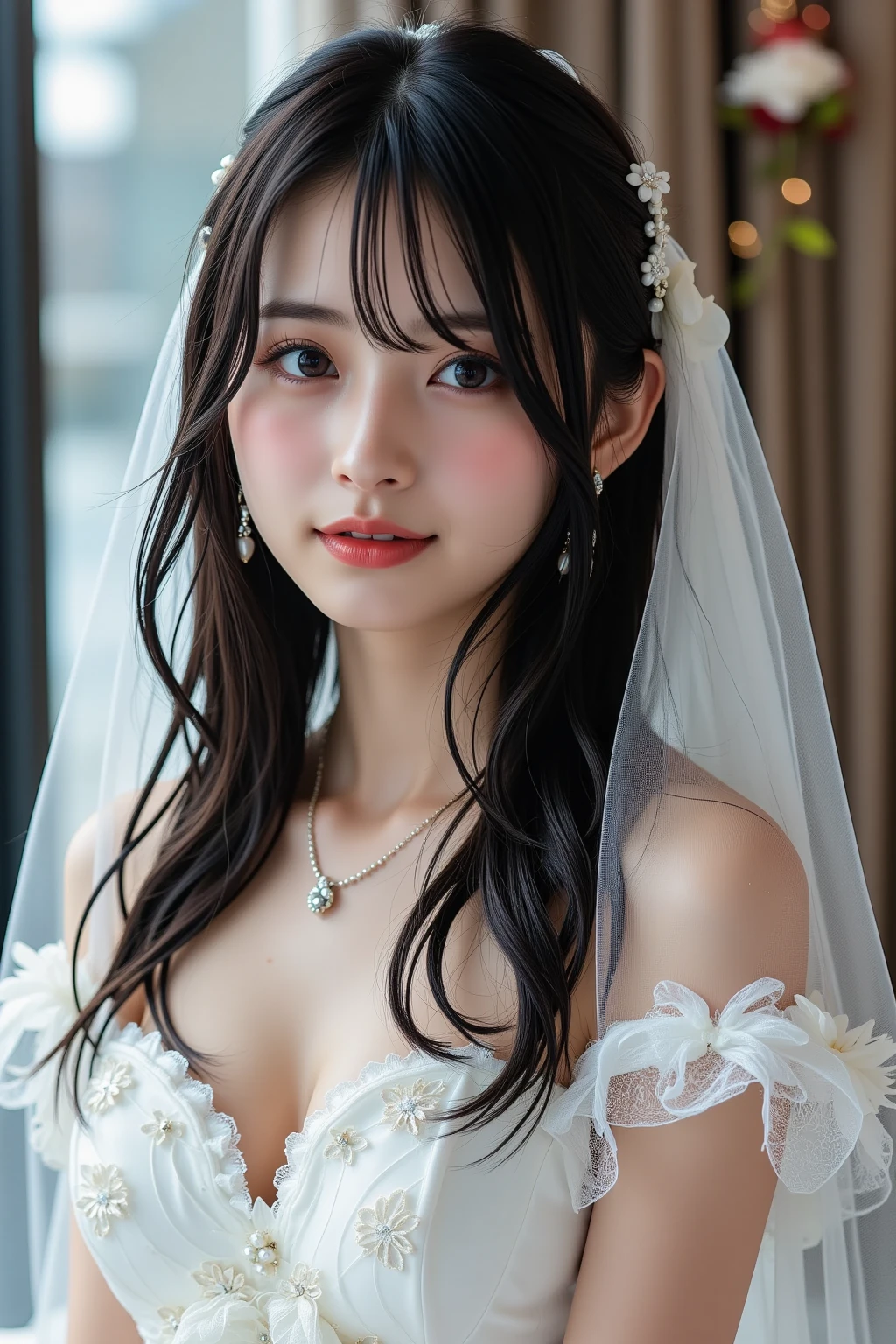 (8k,RAW Photos,Like the picture:1.45),masterpiece,Highest quality,wonderful,(セクシーなMature Woman:1),(Mature Woman:1.3), (3 woman.1.3)、(((very, very大きい)))、(((Extremely lewd and very huge boobs)))、(((Very deep cleavage)))、Hyper Real、In the lounge of a luxury hotel、An extremely beautiful and dignified smile、Extremely beautiful white skin、Extremely beautiful, delicate and precise skin texture、With long, fluffy, gorgeous brown hair((Evening updo:1.00))、Extremely beautiful women of Japan、(Big Ass)、Thick thighs、Bright red lips、Gold earrings、Gold bracelet、Gold Necklace、(Super Detail),((very繊細で美しい)),Focus on the characters,Dynamic Angle,looking at onlookers with an intensely lewd gaze,((alone)),Are standing,((Extremely obscene whole body)),((a princess wearing a wedding dress that's a gorgeous evening gown with voluminous skirts)),((Smiling beautiful bride)),Detailed, Big smile and eyes,Jewel-like eyes,((very長くてボリュームのある髪)),Gorgeous embroidery and lace,((Gorgeous corsage)),See through,(Gorgeous Jewelry Ornaments),Luxury Hair Accessories,Gorgeous jeweled tiara,Gorgeous frills,((Very lewd face and huge breasts)),indoor,Very fancy church wedding,((Extremely obscene whole body)),Hoop skirt,crinoline,very long wedding veil,(((a mix of a bejeweled wedding dress and a luxuriously embroidered rococo ball gown))),