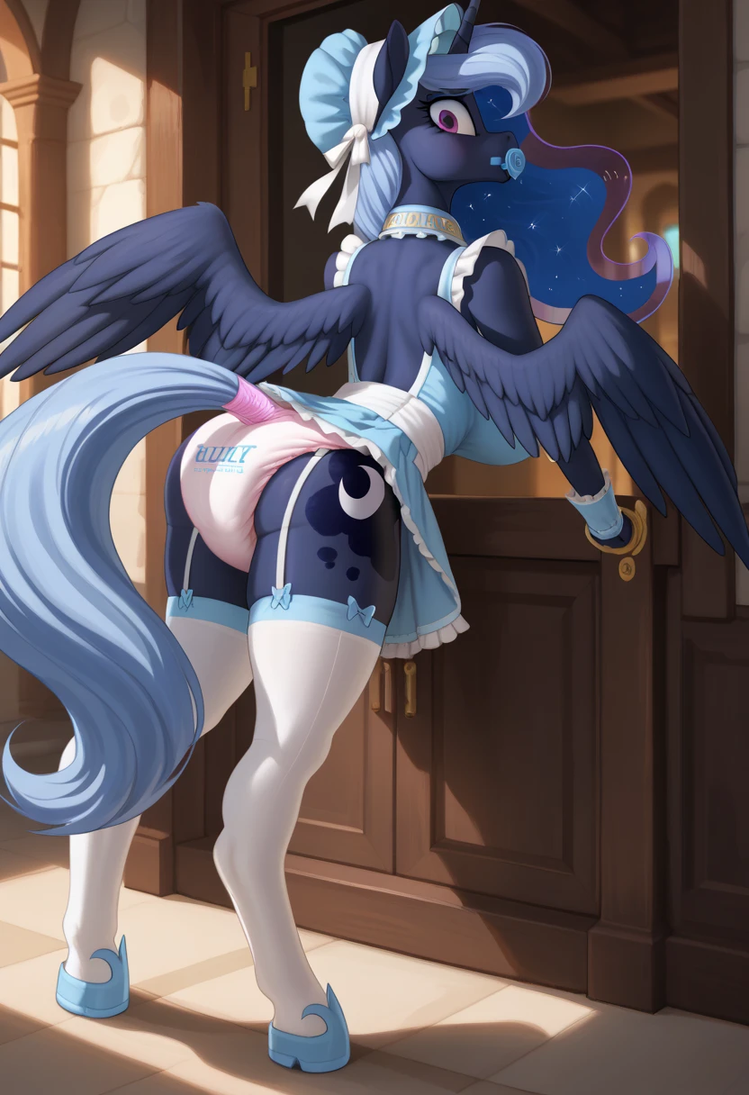 score_9,score_8_up,score_7_up,score_6_up, ((my little pony)), wet cameltoe, (seductive pose), standing pony, (school uniform), lot of bows, panties, stockings, seductive perky big butt, behind view, ((shining armor)), radiant lighting, vibrant colors, whimsical atmosphere, 8K, high resolution, highly detailed, masterpiece