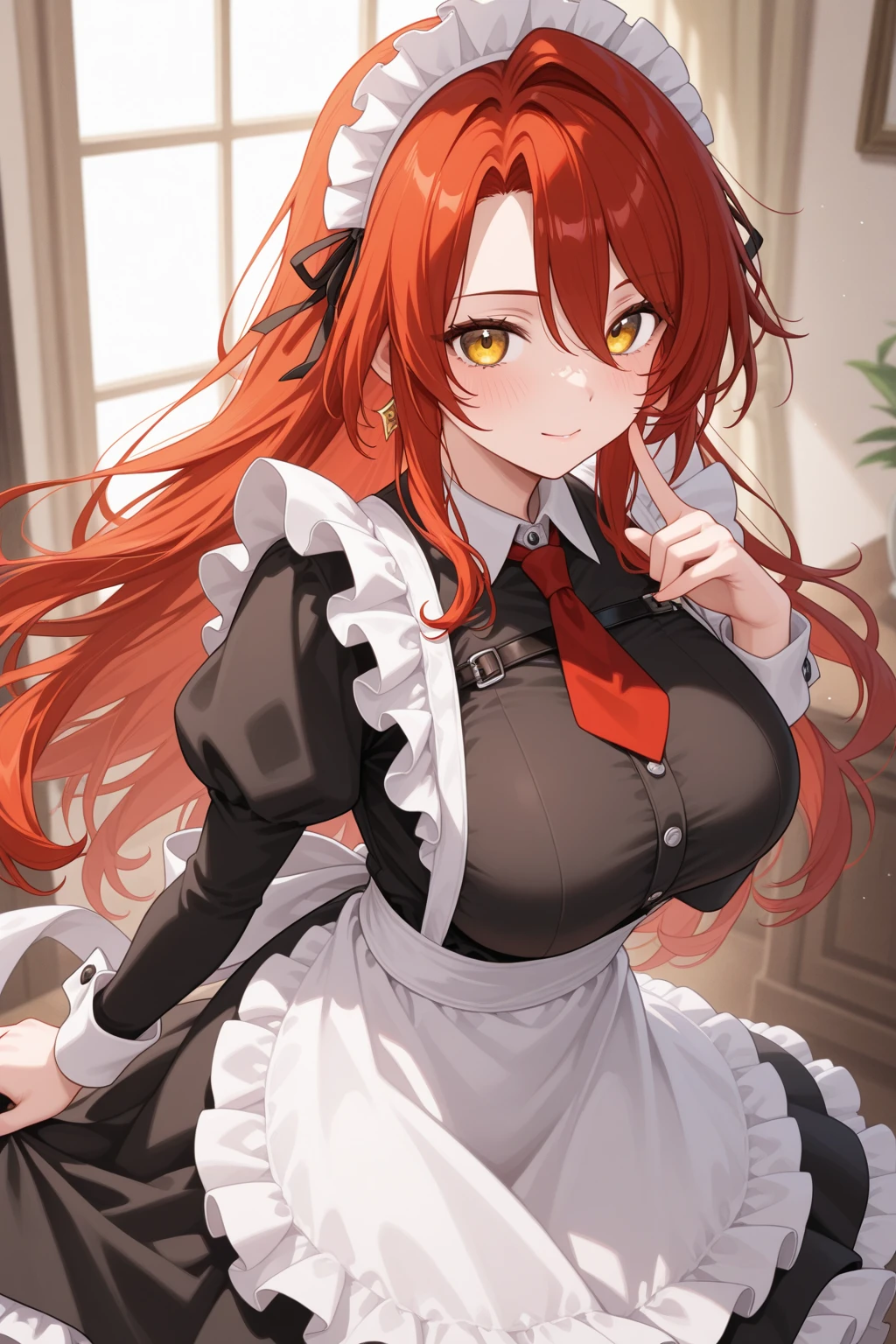 fox woman, wears a maid outfit showing black panties with red bows, has long messy shaggy blonde hair, has red-orange eyes, has a big breast, has fox ears and fox tail.