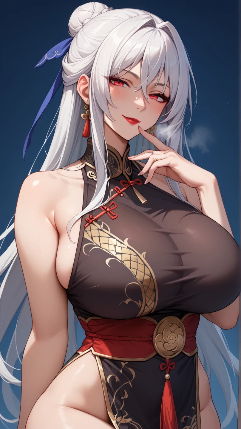 beautiful face, 1girl, wide hips, thighs, mature, bape camo Chinese dress, dress, dragon horns, necklace, gold jewelry, long white hair, earrings, chinese clotheorehead), casino, background, dragon themed, fortune