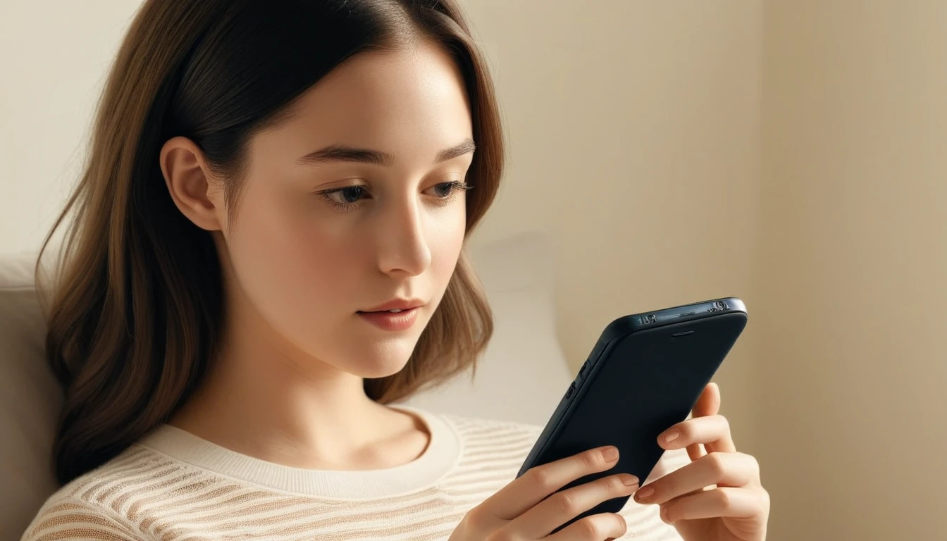 Smartphone screen line read through female in her 20s