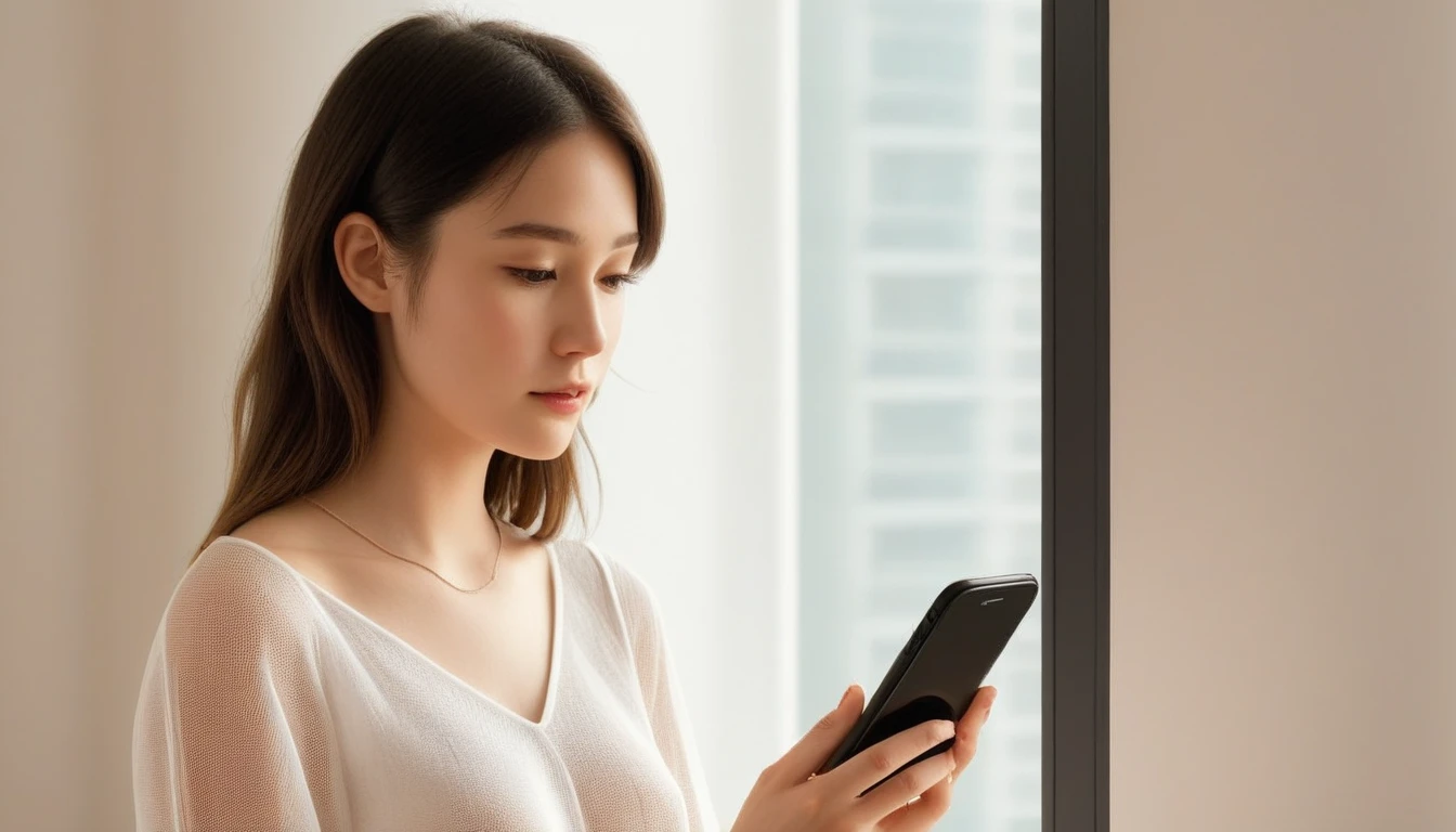 Smartphone screen line read through female in her 20s