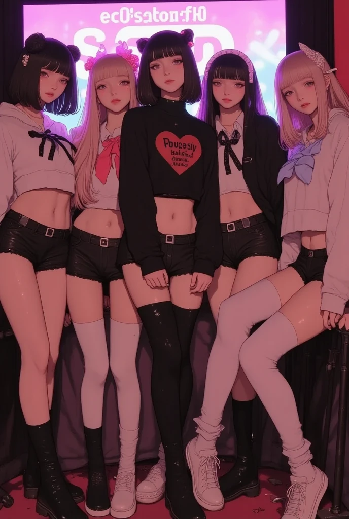 3 girls, nsfw, Schoolgirl costume purple and black, glasses, ginger, green eyes, Short skirt, mini skirt, tiny open croptop, string, , teasing, sexy,
