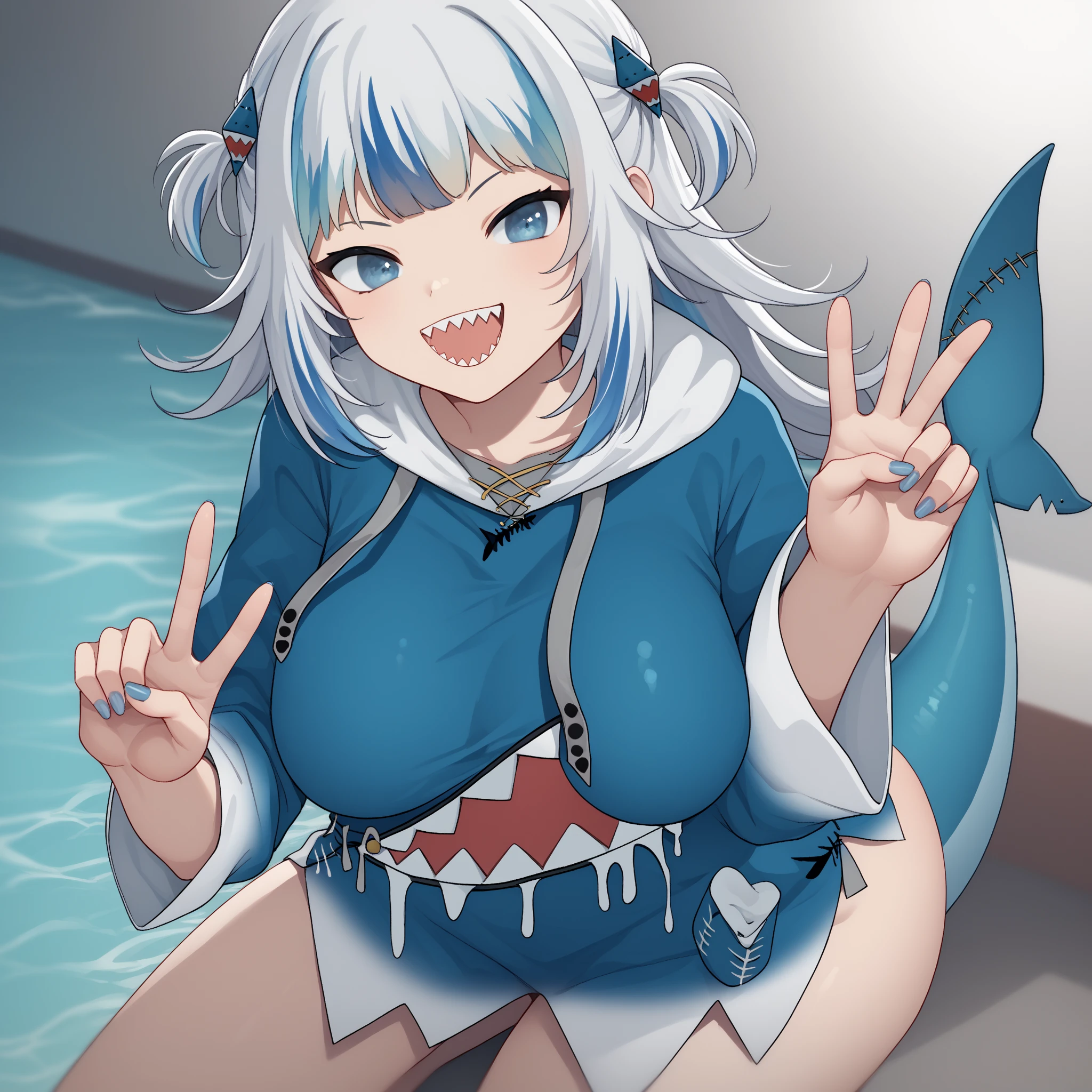 From above,Chest close-up,Big Breasts,Cover one eye with hair,Habitual hair,Shark Tail,Jagged teeth,Tight-fitting costume,Costumes with ocean designs,Obscene costume,Soaking wet,Ejaculate on the chest in large quantities,