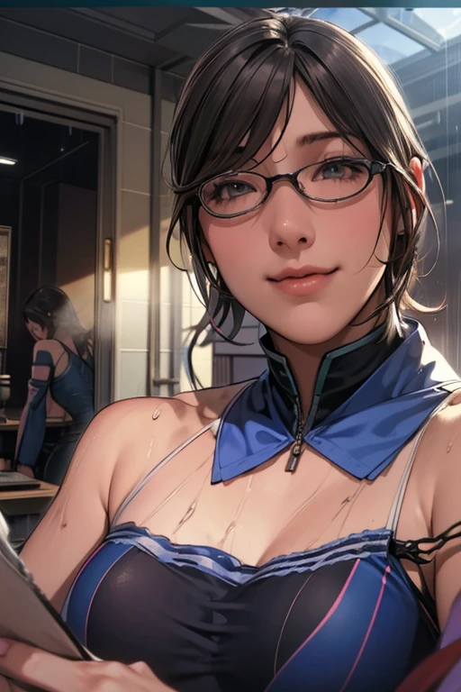 Girl, smile, red lips, glasses, big nose, big tits, long hair, yellow hair colors, wearing a necklace, white clothes colors, sexy body, selfie pose beautiful girl, in room, realistic