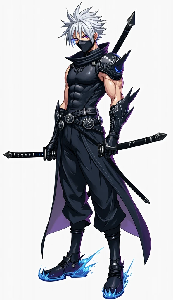 Tim Burton style illustration man with hood and mask wearing an open sleeveless black jacket showing fit physique holding a knife with bar and a motorbike in the background