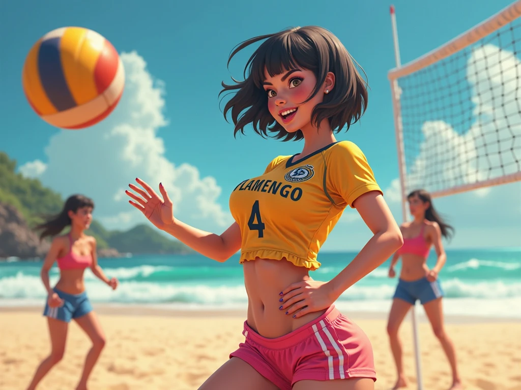 araffe woman in a bikini holding a soccer ball on the beach, demi rose, portrait sophie mudd, bikini model, sexy girl, colombian, thicc, in yellow bikini, holding a ball, in a yellow bikini, in a bikini, is wearing a swimsuit, russian girlfriend, portrait demi rose, brazilian, instagram model, at the world cup, curvy body