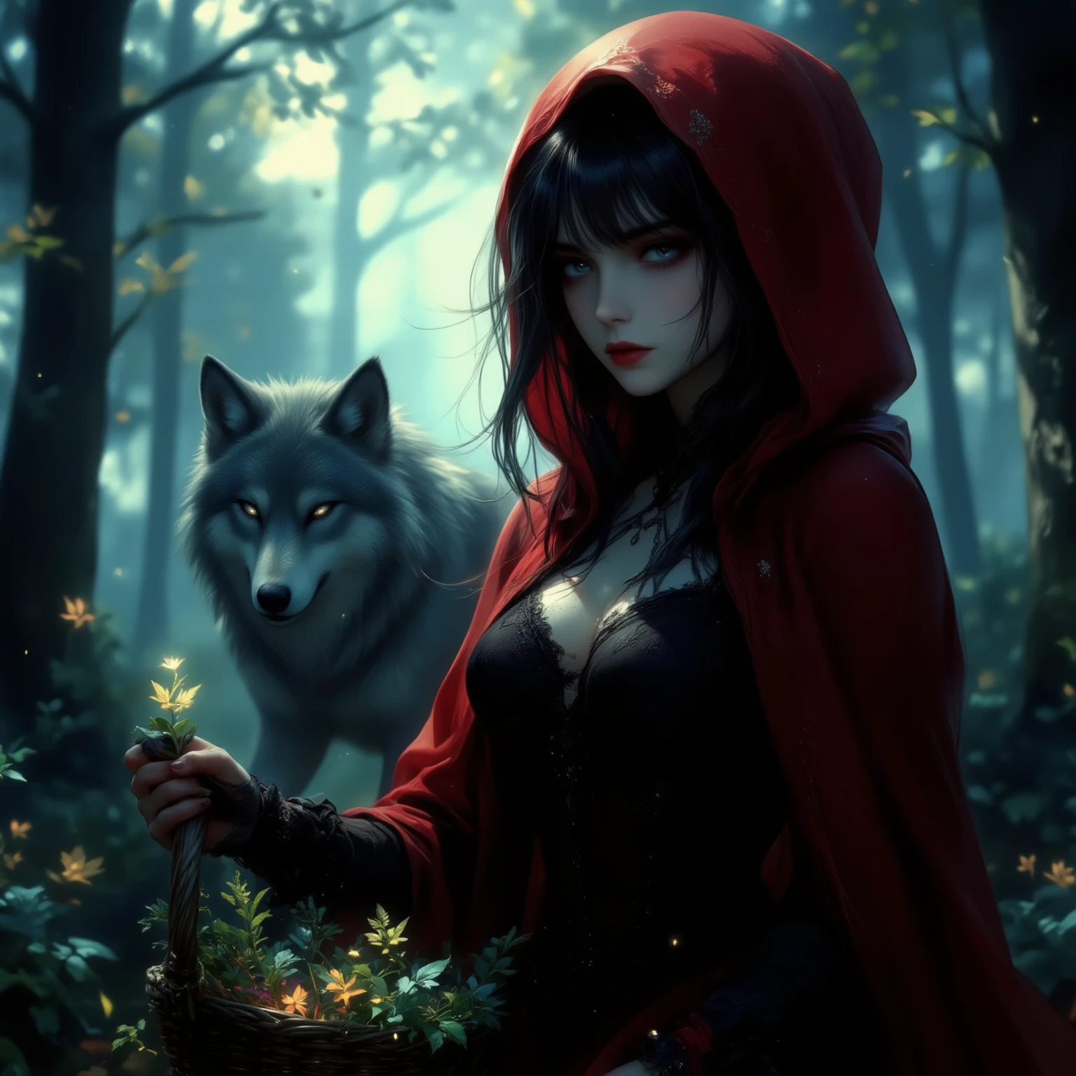 A girl in a red cloak holds a water glass，A wounded wolf，at a forest
