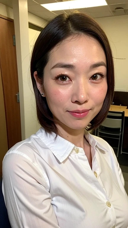 One Japanese woman、40 years old、(Cowboy Shot:1.4)、Slender figure、Thin face、(Brown Hair、Elegant medium hair、hair slicked back:1.4)、White T-shirt、High-waisted skirt、(Realistic skin texture：1.8）、（Fine lines that appear all over the skin：1.3）、（Dullness：1.1）、（Unmoisturized skin： 1.2）、（Facial wrinkles：0.9）、（Wrinkles around the eyes：1.2）、（double eyelid、Lower eyelid tear sulcus）、（The eyes are watching）、uhd, masterpiece, textured skin, anatomically correct, best quality, 8k
