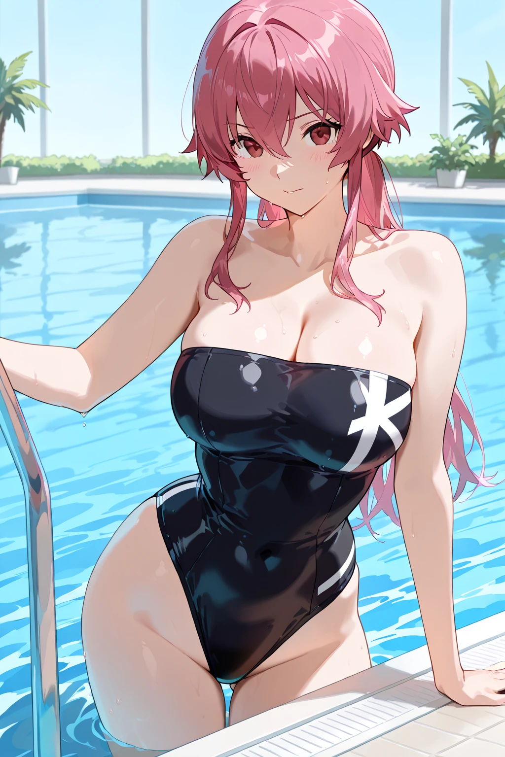 best quality, insanely detailed, nino nakano, black swimsuit, breasts, blush, swimming pool background, smile, spread legs, pussy,highleg leotard