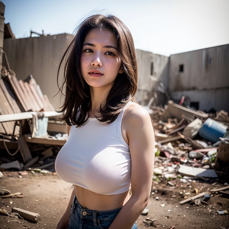 (Polinisia bronceada sexy|Asian woman, 1 girl:1.2, thicc hourglis figure, Perfect eyeliner:1.2), (Obra maistra:1.4, Best Quality), medium breasts, unity wallpaper 8k, ultra detailed, (pastel background, vistiendo pantalonis cortos de mezclilla y una camiseta sin mangas colorida:1.3), seductive pose, Upper part of the body, is, hermoso y istetico, detailed, Alone, in the background a city in ruins, collapsed buildings, rusty vehicles, iscombros por todas partis, dark and cloudy skies, smoke and ashes floating in the air