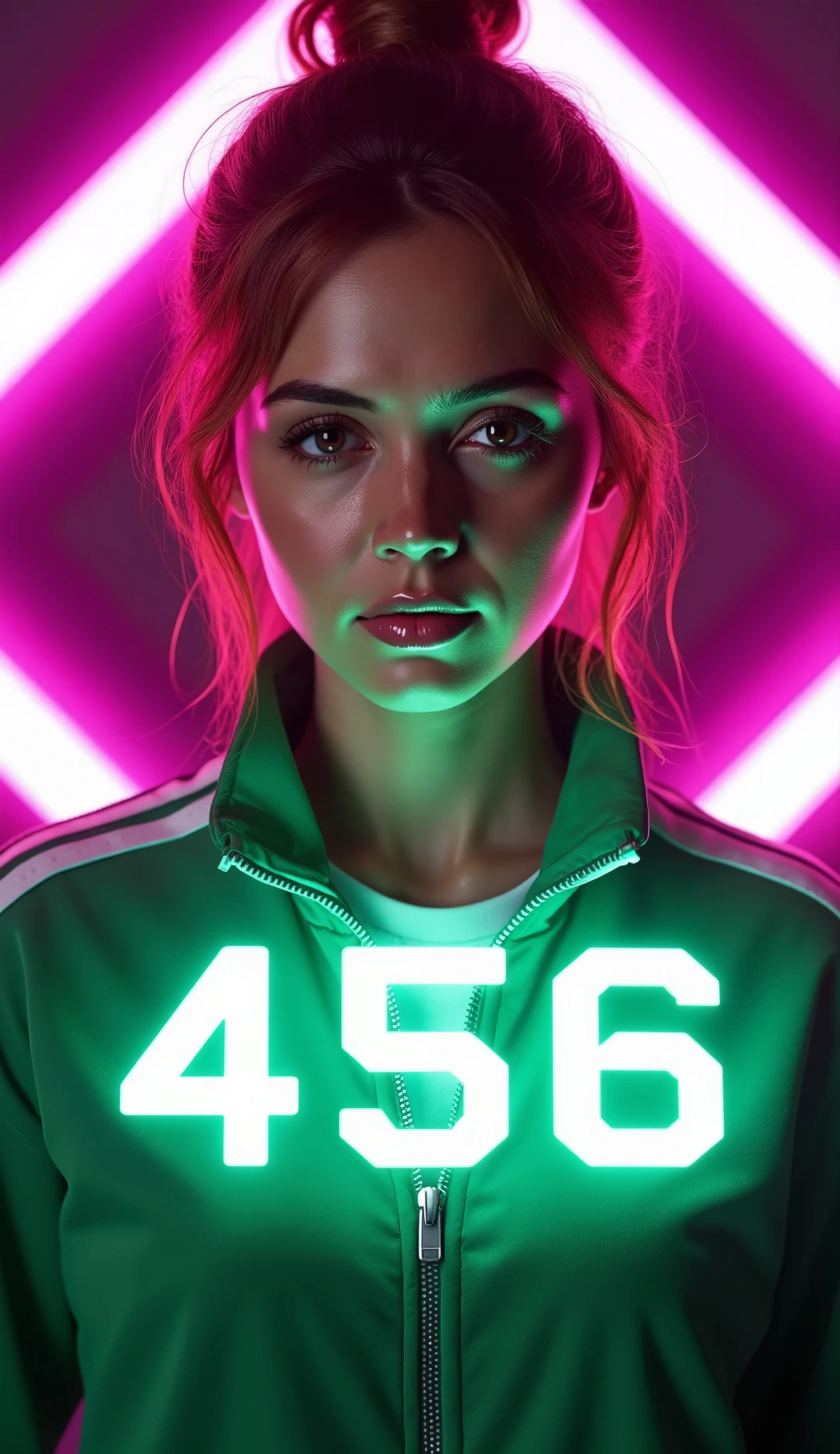 highly detailed photorealistic portrait of a female model wearing a green Squid Game-style tracksuit jacket with white shoulder stripes and a visible white undershirt, the zipper slightly open at the top. 

She is posed facing forward with a serious, determined expression, eyes looking directly at the camera. The composition is symmetrical and tightly framed from the chest up, matching the reference poster layout exactly.

A glowing digital-style number "456" is superimposed over the center of the image, slightly overlapping the model’s chest area. The numbers should appear as white LED digits, bright and futuristic, similar to a digital clock or scoreboard. They are not printed on the clothing, but float as part of the composition — bold, centered, and clearly visible. The font should closely match the one from the original Squid Game 2 poster (blocky, squared digital typeface).

The background is a glowing neon pink diamond shape (rhombus) positioned vertically behind the subject, with vivid light edges and a soft radial glow. The diamond is framed by a dark purple and black gradient border forming an X-shaped structure in the corners of the image. The overall background is futuristic and stylized, resembling the aesthetic of a high-tech digital poster. Ensure the diamond shape is centered behind the model’s head and shoulders. No text, no logos, no visual clutter.

studio-quality lighting, shallow depth of field, soft skin texture, ultra-sharp facial features, cinematic style, poster-level quality.
