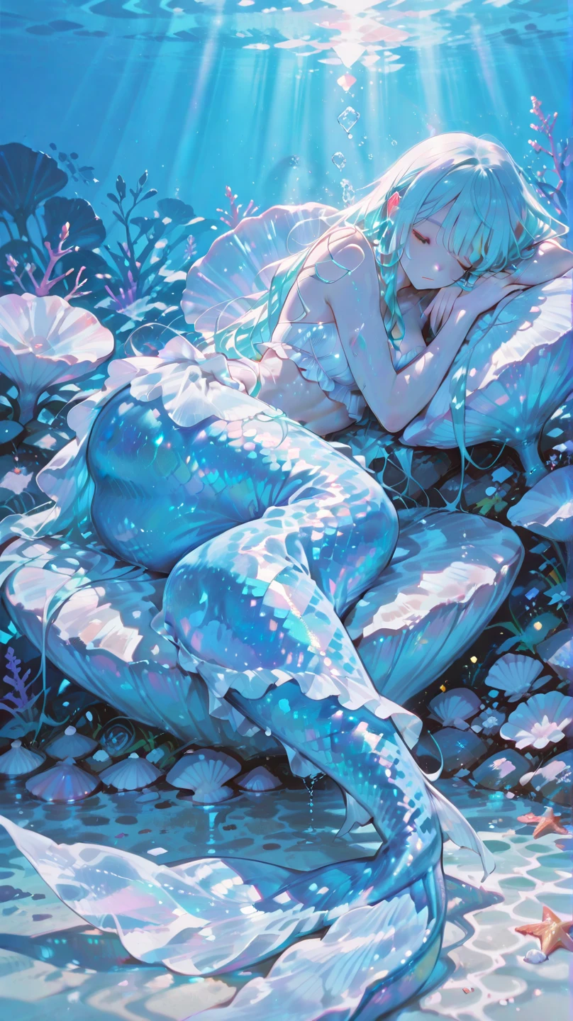 An ethereal digital artwork titled "Queen of Pearls" by artist Hess. The central figure is a woman emerging from an enormous oyster shell, her form seamlessly blending human and nacre. Her skin shimmers with an iridescent pearl-like quality, and her hair flows like strands of perfectly round pearls. She cradles a handful of luminous pearls in her palms, some of which float around her like bubbles. The background suggests an underwater scene, with soft, diffused light filtering through as if from the ocean's surface. Smaller oysters and seashells adorn the edges of the image, each containing a unique pearl. The color palette is dominated by soft whites, pinks, and blues, with occasional flashes of rainbow colors mimicking the natural luster of pearls. The title appears as if etched on the main oyster shell, its letters filled with tiny pearls.