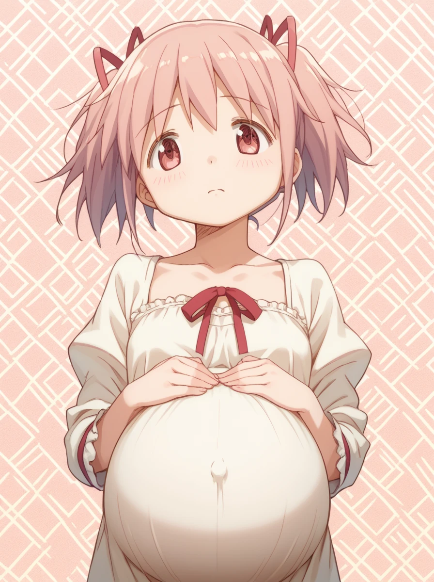 1girl, loli, pregnant, 4 years old, cute, happy, short hair, twintail hair, ((cute pink mini dress)), upskirt, standing, ((((cum inside panties)))), white background