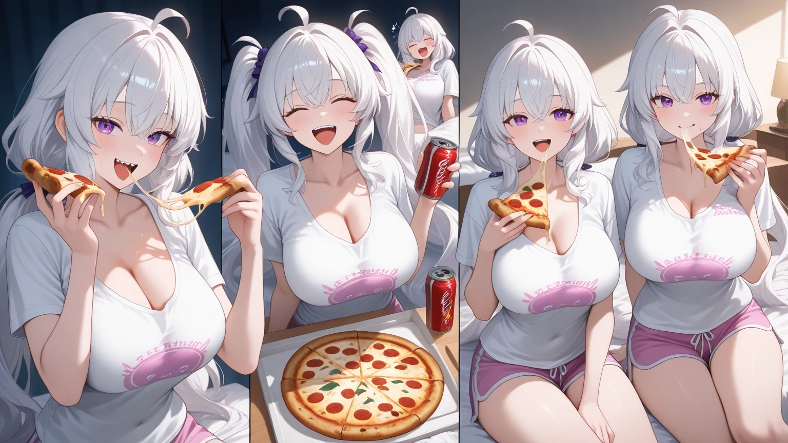 Pretty asian woman, bright silver hair, long hair, green eyes, perfect face, busty, sitting at a table, peace sign pose, about to eat a pizza, anime style