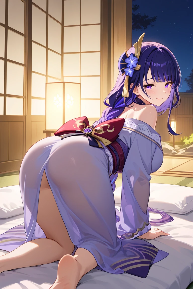 raiden shogun, 1girl, long hair, breasts, looking at viewer, blush, open mouth, bangs, large breasts, hair ornament, 1boy, purple eyes, purple hair, braid, hetero, thighs, solo focus, mole, from side, mole under eye, blurry background, bent over, motion lines, braided ponytail