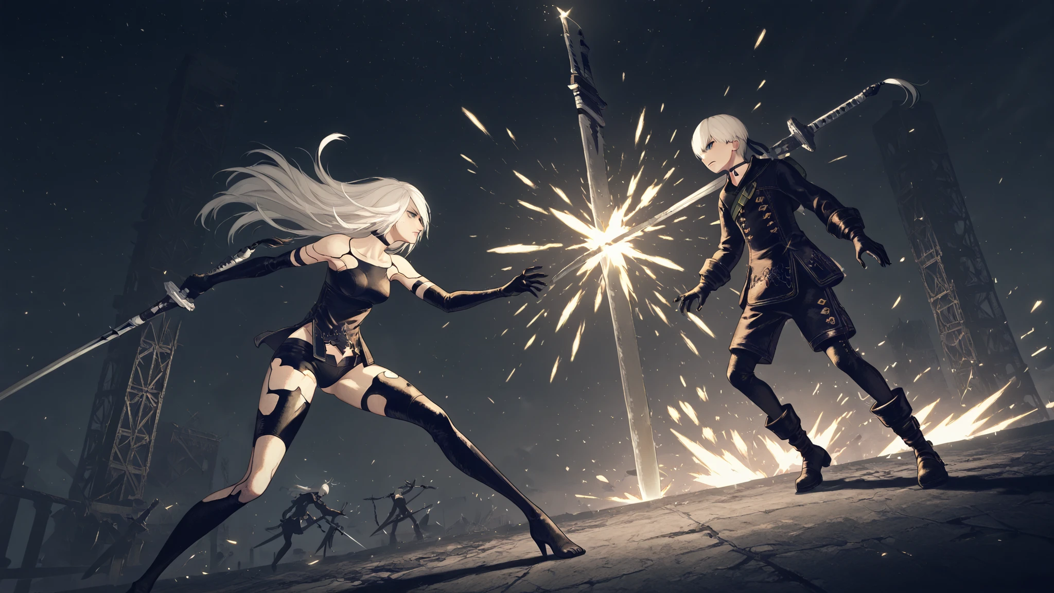 9s,white hair,choker,a2_\(nier:automata\),scenery, nierscene, in a bright space, YorHA 9S fighting A2, fighting each other, holding sword tightly, sword fighting, epic fight, lit from behind, swords clashing, sparks flying from swords, scowling, Dutch angle