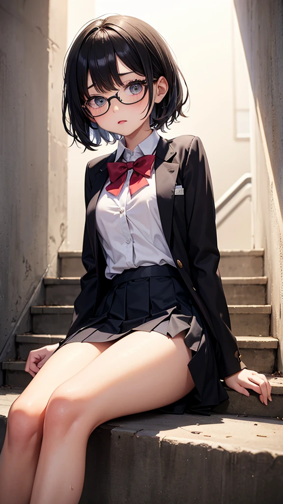 1 girl, glasses, squatting, blush, (slim body:1.2), (huge breasts:1.3), (slender legs:1.1), black hair, short hair, white long sleeve shirt, pleated skirt, (black tights:1.1),