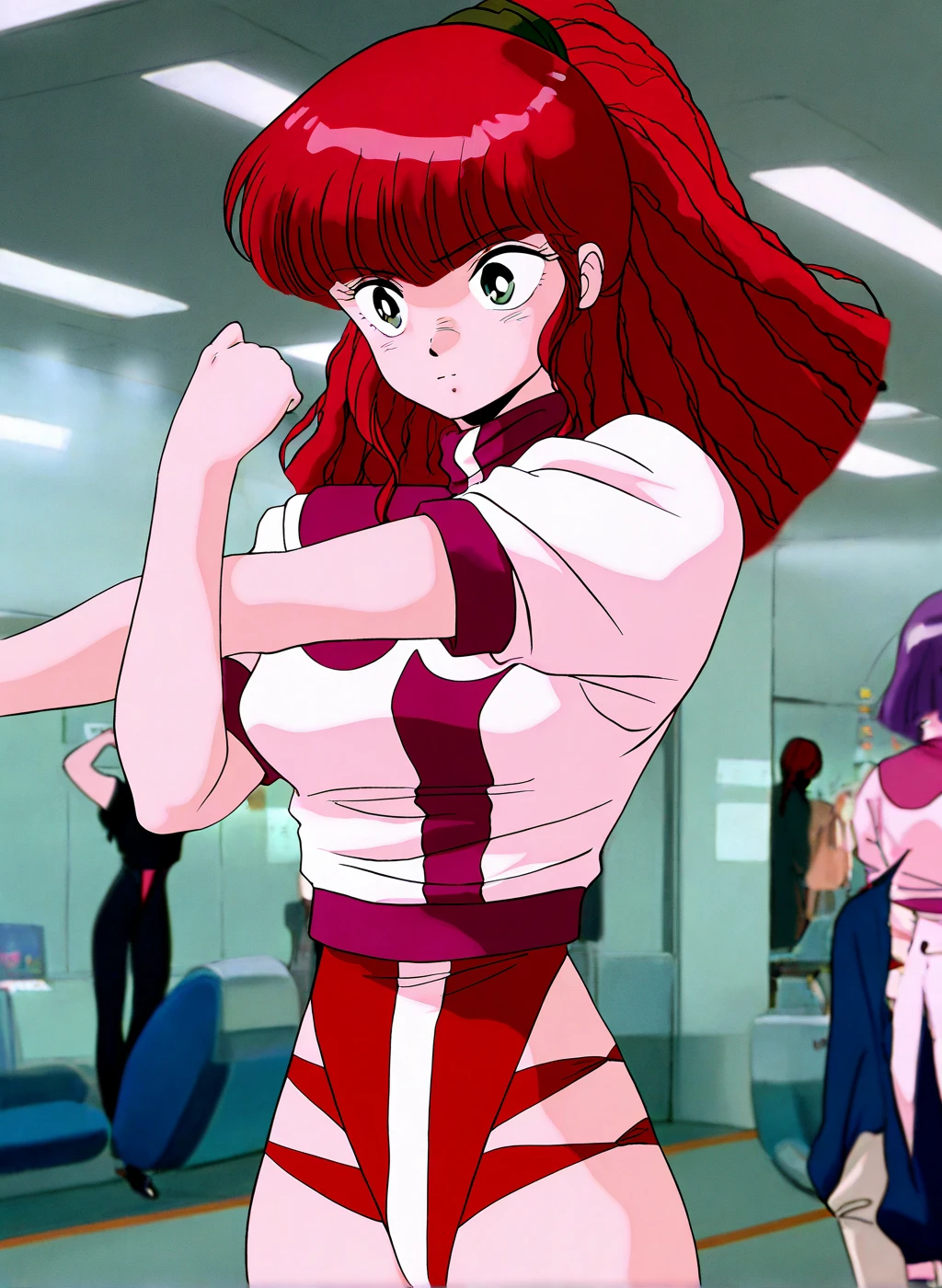 1990s (style), 1980s (style), retro artstyle, girl, Long black hair, Green Eyes, Mean face, super long wavy hair, Wearing a suit, At the office, Highest quality, masterpiece.