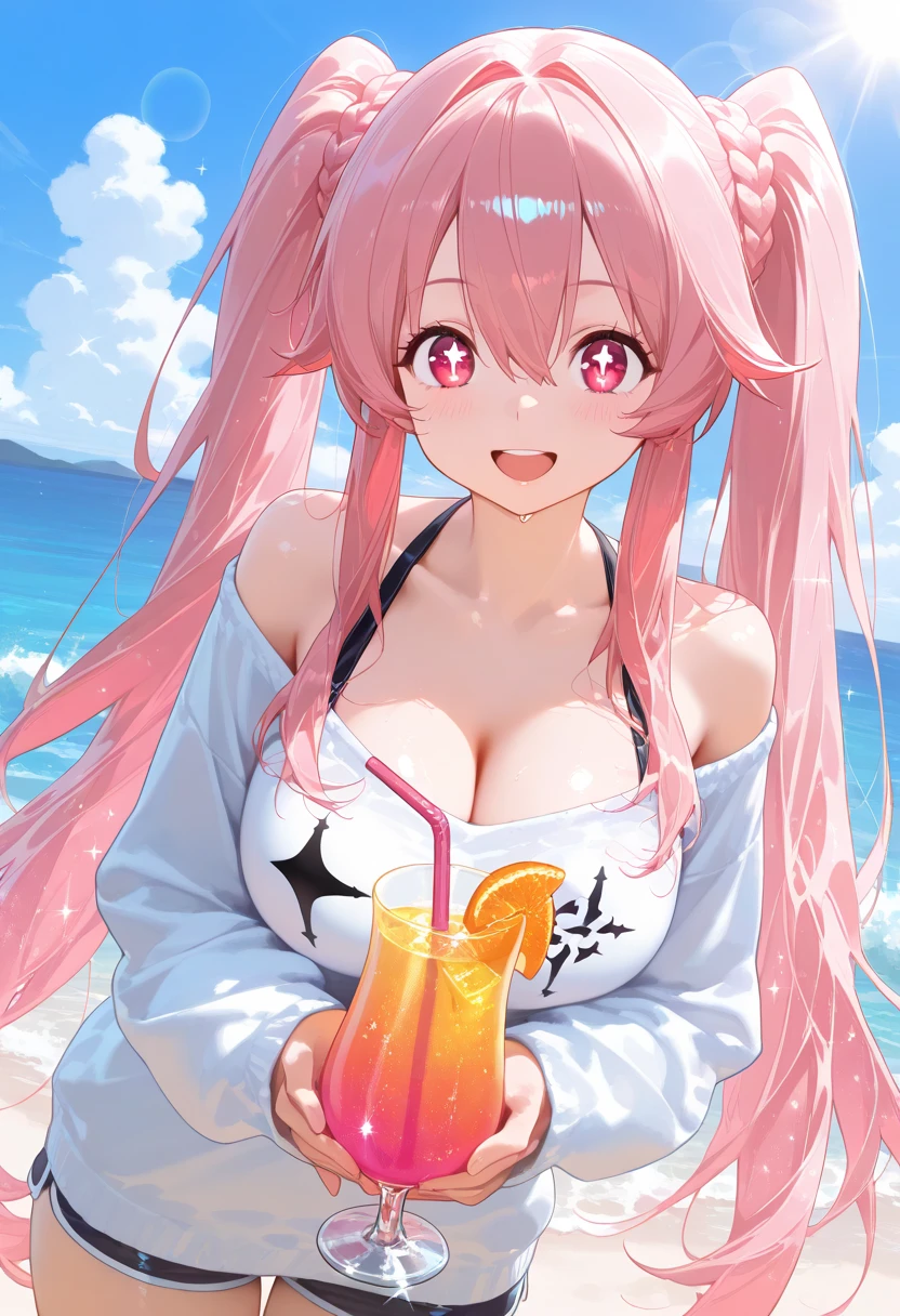 (8K, masutepiece, Best Quality, Official art, beautiful detailed, beautiful lighting, intricate line sketch, best masterpiece in history that exceeds limits), (1 Girl, Solo), (16 years old), (Beautiful detailed face), (shiny white skin), (Beautiful big bust, cleavage, bare thighs:1.3), (Beautiful detailed pastel pink twin tails hair, Bangs:1.3), (beautiful detailed drooping pink eyes:1.5), break, (Beautiful detailed cute white bikini, side-tie_bikini_bottom, pink frill, ruffle, ribbon:1.3), (happy smile:1.2), (happy, Attractive, Look at the camera, cute pose), breathtaking scenery, (ultra detailed realistic beautiful sea, beach, sky:1.2), (having a tropical fruits juice, two straws:1.5),