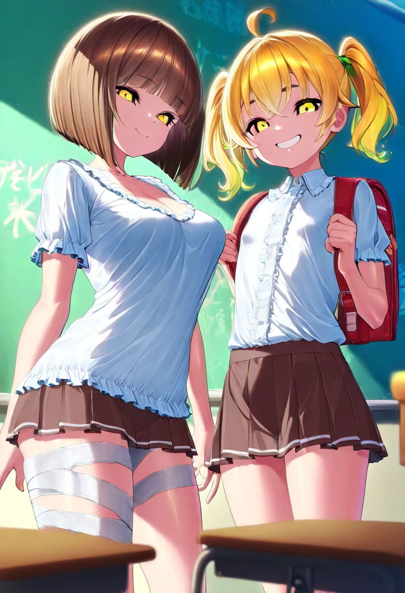 (masterpiece:1.3, highest quality, ultra high resolution, super detailed), (realistic:1.1, photorealistic:1.4), beautiful illustrations, perfect lighting, colorful, Depth of the bounds written, 
beautiful fine hair, beautiful and detailed face, detailed and beautiful eyes, beautiful clavicle, beautiful body, beautiful breasts, beautiful thighs, beautiful feet, beautiful fingers, 
looking at the viewer, 1 girl, Japanese, high school girl, perfect face, (perfect anatomy, anatomically correct), Cute symmetrical face, baby face, sunburn, shiny skin, 
(middle hair:1.5, twin tails:1.2, blonde hair), asymmetrical bangs, blue eyes, long eyelash, (medium breasts), thin, 
((collared short sleeve shirt, light blue shirt, , Grey plaid pleated skirt, navy them)), light blue panties, 
(beautiful scenery), evening, (outdoor, distant cityscape), Are standing, (peace sign), (cute smile, upper eye, open your mouth), surprised face:1.2、The wind is blowing