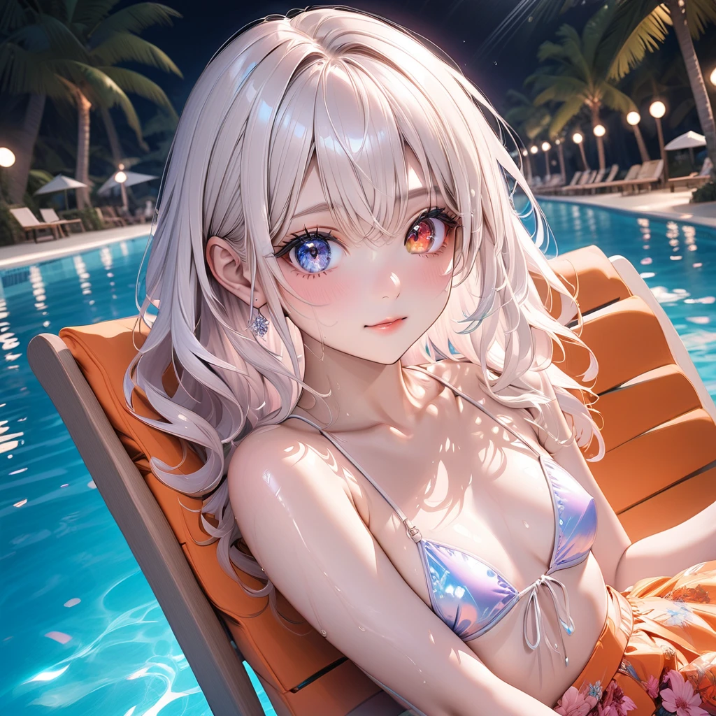 最好质量、One girl:1.8、Light blue hair、Longhaire、wave、Wet hair:1.2、Red eyes、Pink blush color under the eyes:1.6、a smile、Opening Mouth、Put your hands on your face:1.2、neckless、Small white bikini:1.3、big tit:1.5、Constriction、beauty legs、by night、gloomy lighting、Night Pool、No people、Background blur