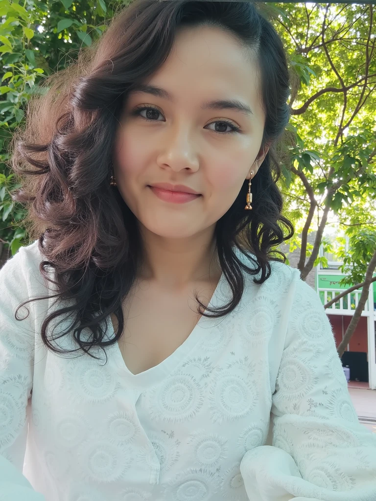 Malay girl wearing burgundy color tight satin srapless bra and panties portrait photography, mid shot photo, ultra detail, professional photograph with professional lighting, short curly hair, smile, at the garden, outdoor background, sexy seducing pose, curvy body, closed up butt focused angle