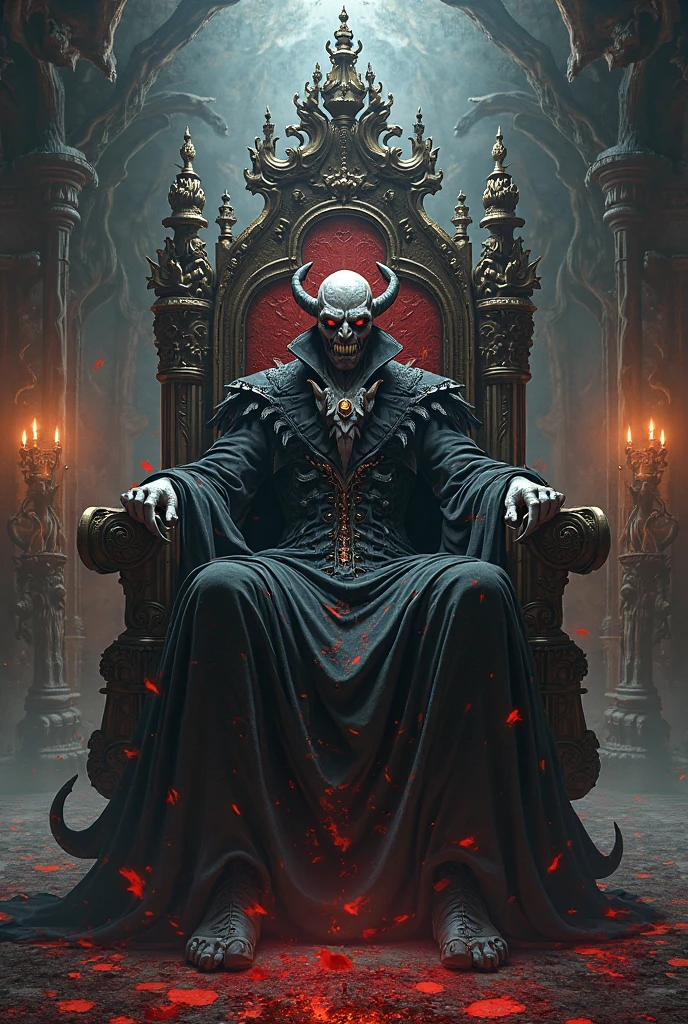 mobile legend ruby holding a hour glass full of blood. sitting on a big chair that looks like an skull of a dragon
