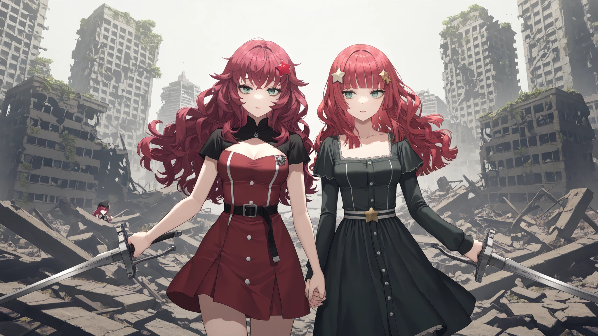 scenery, nierscene, city ruins, 2girls, Devola and Popola, (Popola, red hair, hair ornament, dress, long hair, hair flower, green eyes, belt, bangs), (Devola, wavy hair, red hair, star hair ornament, star (symbol), medium breasts, dress, green eyes, long hair), cowboy shot, standing side by side, action pose, symmetrical poses, holding outstretched swords, facing viewer,