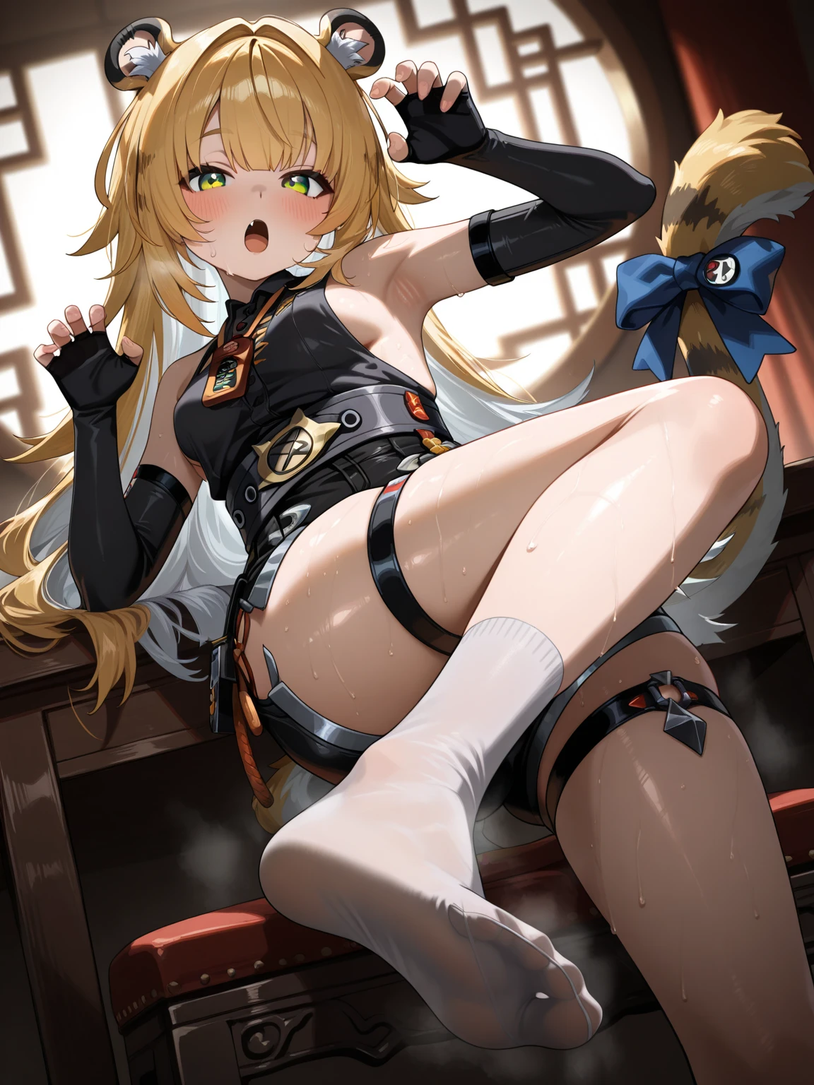 1girl, high res, pretty girl, Viera, tall girl, perfect legs, perfect arms, perfect hands, perfect eyes, yellow eyes, playful smile, long white braided hair, haori and hakama, eyeglasses, black eyeliner, upwards rabbit nose, red lipstick, bangs