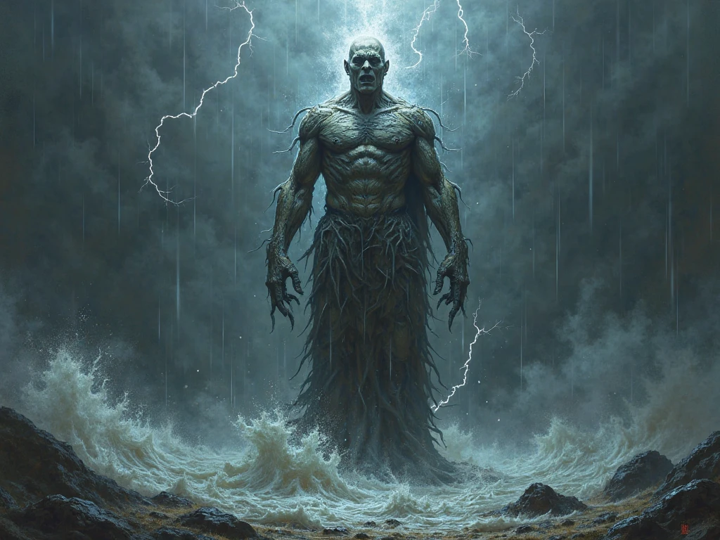 ASCIIcthulhu rising above the water, ... \r\noil painting, dramatic lighting, oil on canvas, strong contrasts, dark tones, thick paint,