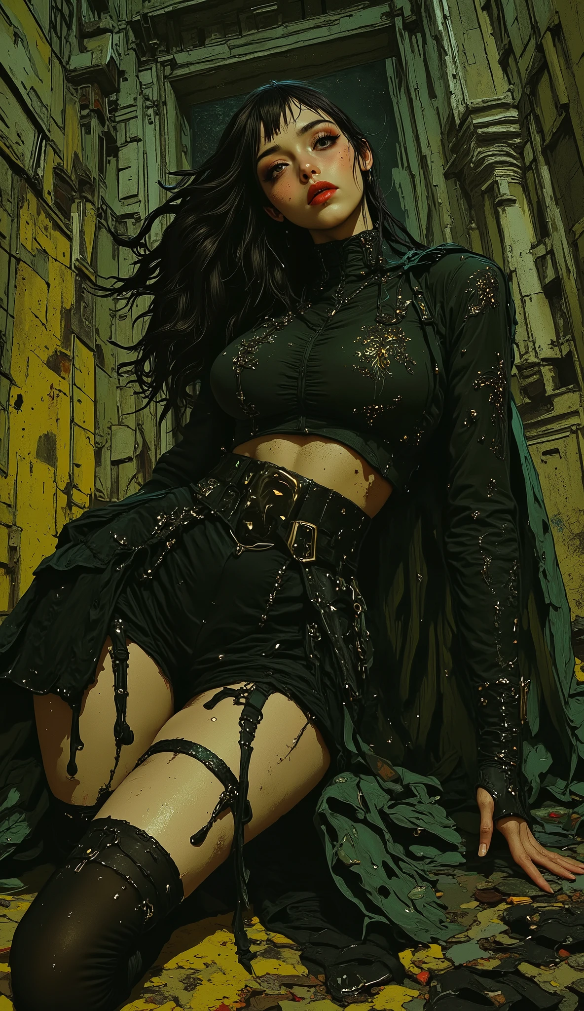 8k, Masterpiece, Top quality, beautiful gothic brunette, low angle, long hair, pale skin, plump lips, intense look, olive green, black, corset top, frayed skirt, platform boots, lacing, kneeling, confident pose, suggestive, bright, yellow-green, teal,stone vaults, dramatic lighting, a mix of fantasy and Gothic,stylized, high-quality production.