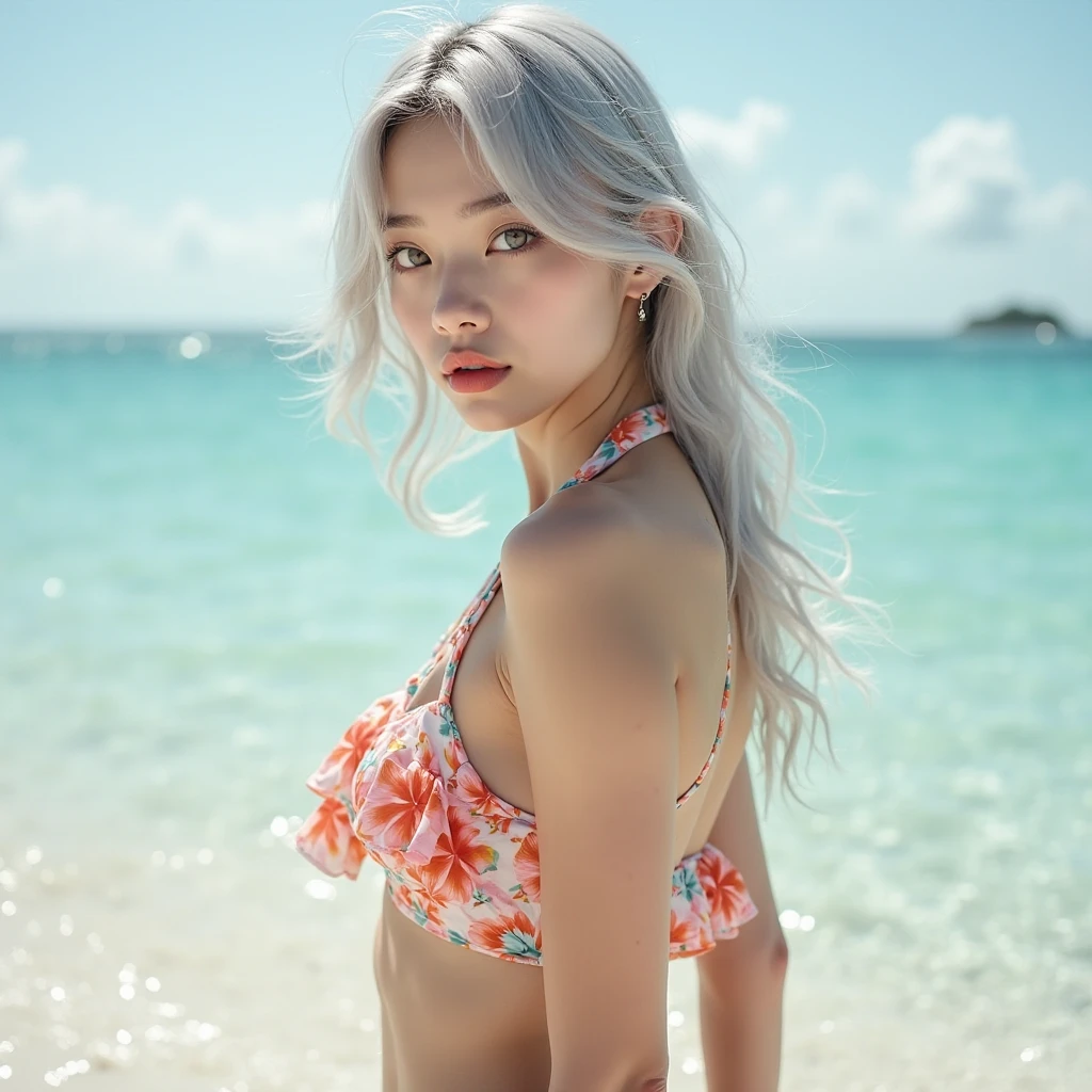 (((Topless beautiful model))),topless white bikini, lie down on the beach by the sea, melt into the white waves, Medium Hair, Light emerald green hair, Fish hair ornament, Heart-shaped pupils, Heart Earrings, Heart in Eye, Satellite Imagery, Satellite Imagery, Ray tracing, Stereogram, Satellite Imagery, Mastepiece,nswf,Spread your legs wide,Emerald Green Sea
