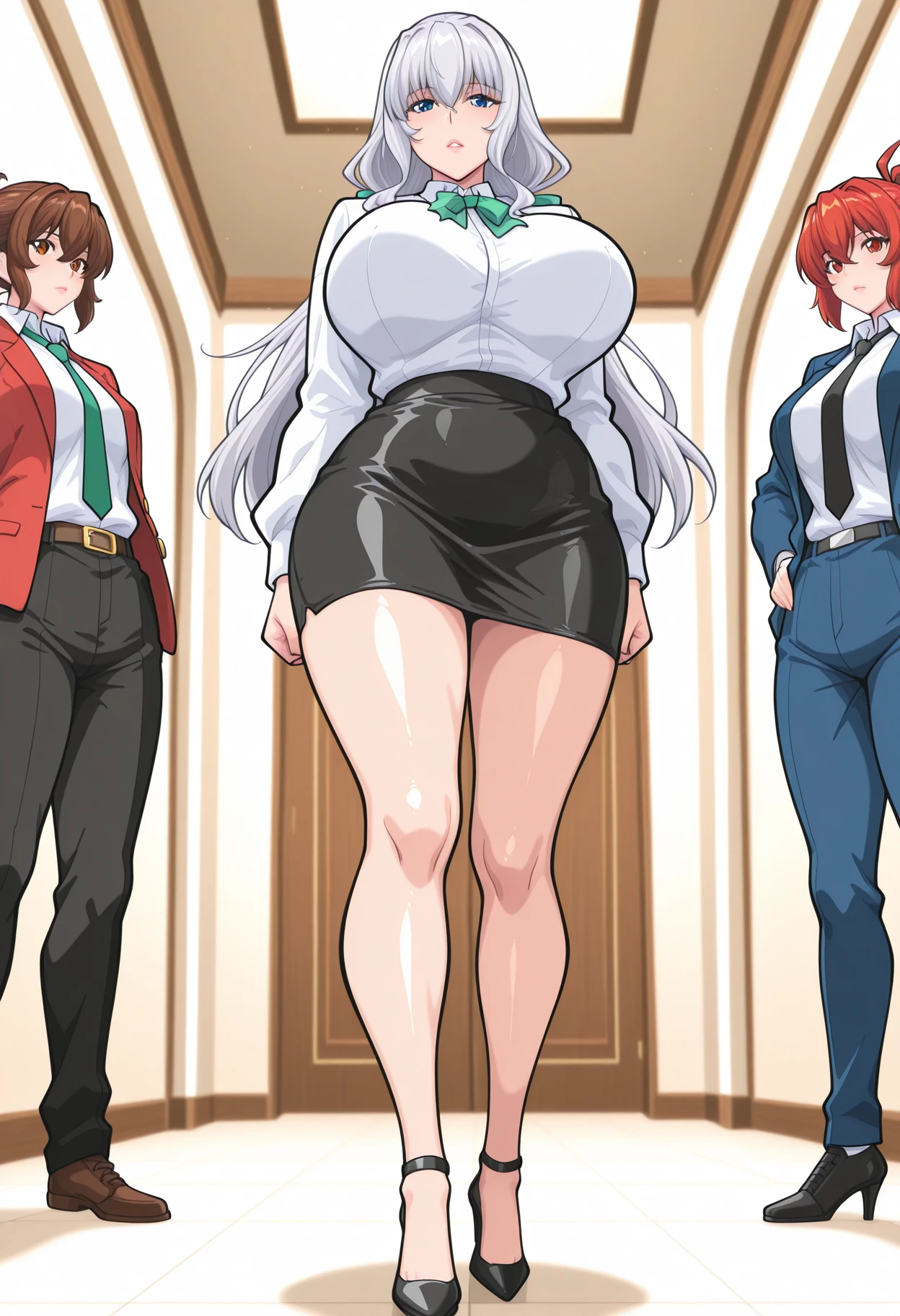 sfw (Ultra Quality, Unparalleled Masterpiece, Ethereal: 1.4) (Giant Breasts: 1.6) (Tight Breasts: 1.3) (Bimbo 1.5) (Disproportionate Tits: 1.5) (Perfect-Hyper-Detailed Soft Mature Eyes),(Anime:1.2)(Absurds:1.4)4K,Ultra-Detailed,((Intricate Detailed Cute Round Mature Face)),Light Smile,Seductive,Mature Female,Tall (Solo:1.4), 1Girl(Standing: 1.2), A Girl In Office, Tall Woman, Dark-Skinned Woman, Intricate Body Details (Milf:  1.5)(Curvy:1.3)Thin waist,(Voluptuous: 1.3)(Curve: 1.3)(Popped breasts: 1.3)(Deep neckline: 1.3)(Oppai proportions:1.4), ( tight blue skirt ), white dress shirt, almost open shirt, sample breast neck, (unbuttoned shirt), Long red voluminous hair,(locks: 1.1)(fringes,Hair intake: 1.2),( bangs covering the eyes) Vivacious,Seductive posture,Sexy pose,Seductive[[[[intricate-perfect-fingers-on-hands]]]], (Wide mouth: 1.2),(thick lips: 1.2),swollen lips, (striking red lipstick), red lipstick, (black low shoe), black shoes, in the office, in the office room,(art by wlop and ross tran)(hands behind the back) hidden hands, 1990s \(style\), retro art style, cell shadding style painting, cell shading anime, retro anime, high quality, extremely detailed