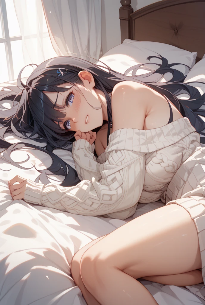 beautiful  Girl　knit　natta　A dark-haired　a bed　laying on back　Undress　be shy