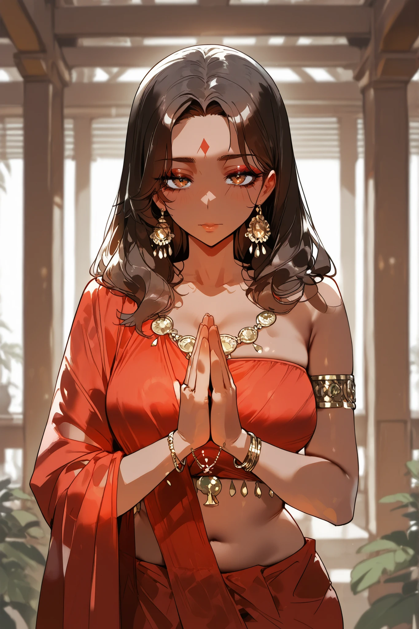a beautiful brown indian woman, dark silky hair, dark eyelines, wearing a red saree, hot milf, soft. (Indian woman) (Wearing an indian saree) (hand joined together, praying position)