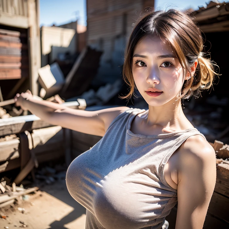 ((medium shot)), (best quality), (photorealistic:1.33), (masterpiece:1.1), age early 20s, 1girl, voluptuous, big hips, large breasts, (crop top:1.4), beautiful face, blue eyes, blonde, full body, slim body, looking at viewer, smile, visible legs, visible cleavage, ((no gap between legs)), ((standing posture)), clear eyes, closed lips, naked hips, (((destroyed city background:1.3))), strong rim lights, dark vibrant colors, (cinematic lighting:1.2), (((seductive pose))), ultra-detailed, beautiful detailed eyes, beautiful detailed nose, ((hands behind body)), ponytail, slim hands, narrow shoulders, long hair, smooth skin, fair