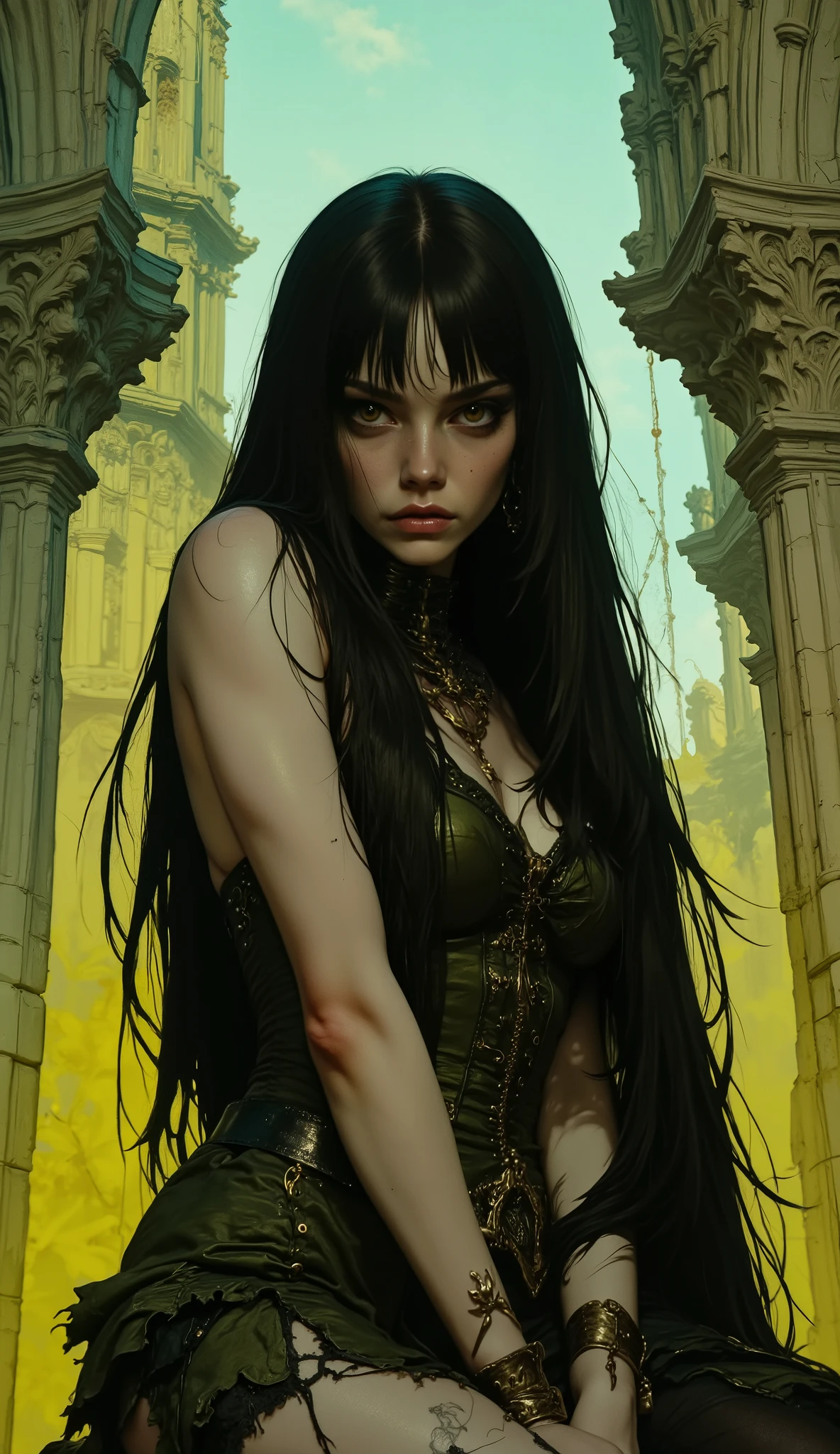 8k, Masterpiece, Top quality, beautiful gothic brunette, low angle, long hair, pale skin, plump lips, intense look, olive green, black, corset top, frayed skirt, platform boots, lacing, kneeling, confident pose, suggestive, bright, yellow-green, teal,stone vaults, dramatic lighting, a mix of fantasy and Gothic,stylized, high-quality production.
