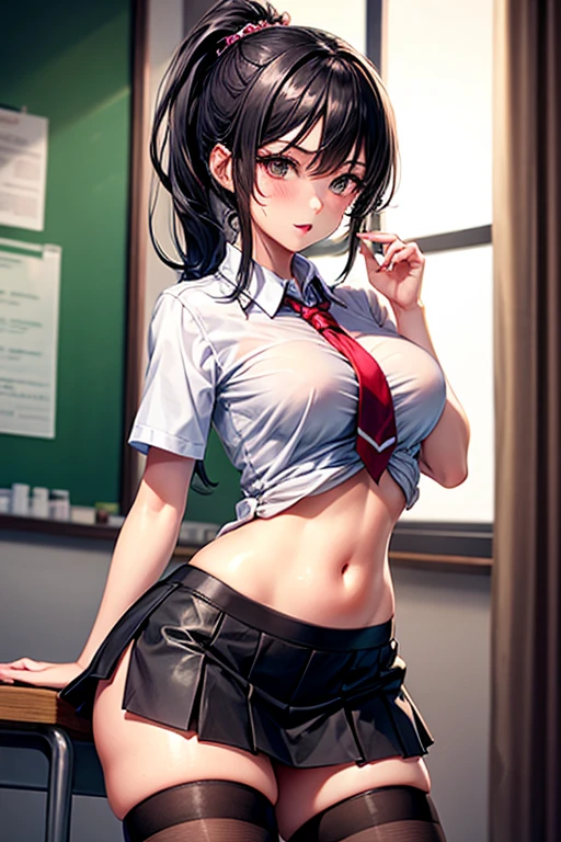masterpiece, best quality, solo, 1girl, azula, closed mouth, smirk, makeup, low-cut, (white shirt, miniskirt, panties), wide hips, standing, legs apart, lipstick, looking at the viewer, school background, erotica, gyaru, schoolgirl-whore, corrupt, tattoo on jiaote
