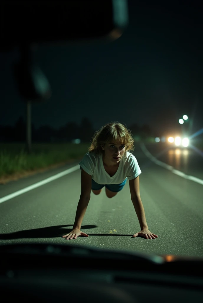 American woman, about 30 years old, white skin, shapely body, big breasts, long blonde hair, wearing a red bra, white short skirt, leaning on the ground with her hands on the ground, her feet on the car, confused. Scene in front of a suburban house in America.