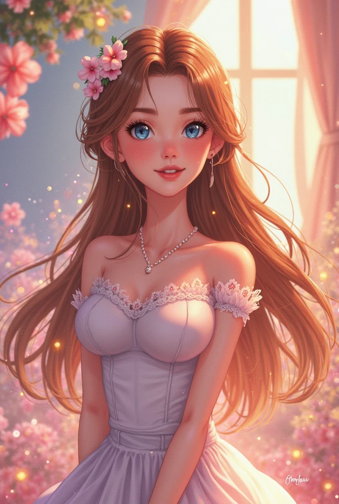 1 lady only, /(White dress with light blue details/), /(Light brown hair, very long and big curls/) high grade round glasses, blush slightly smile, dark blue eyes (masterpiece best quality:1.2) ultra-detailed delicate illustration, big breasts BREAK /(Under a cherry tree/)