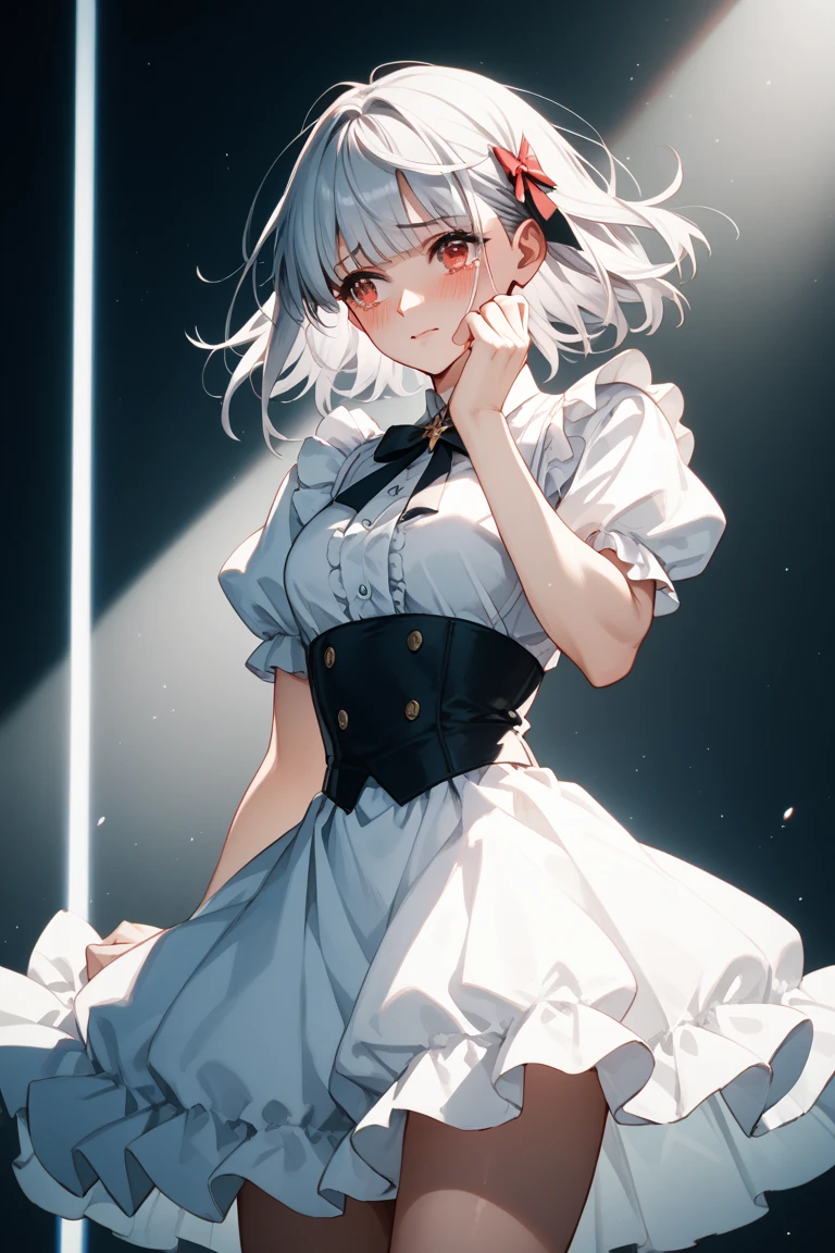 absurdres, RAW photo, extremely delicate and beautiful, masterpiece, Best Quality, ultra high resolution, 32k, hyperrealistic, ultra-detailed, detailed description, pale skin, 20 years old, detailed beautiful face and eyes, tearful mole, earring, very huge round breasts, short medium hair, wavy hair, (full body shot), alone, Mysterious nun, ((combat armor costume)), Weapons with a cross motif,